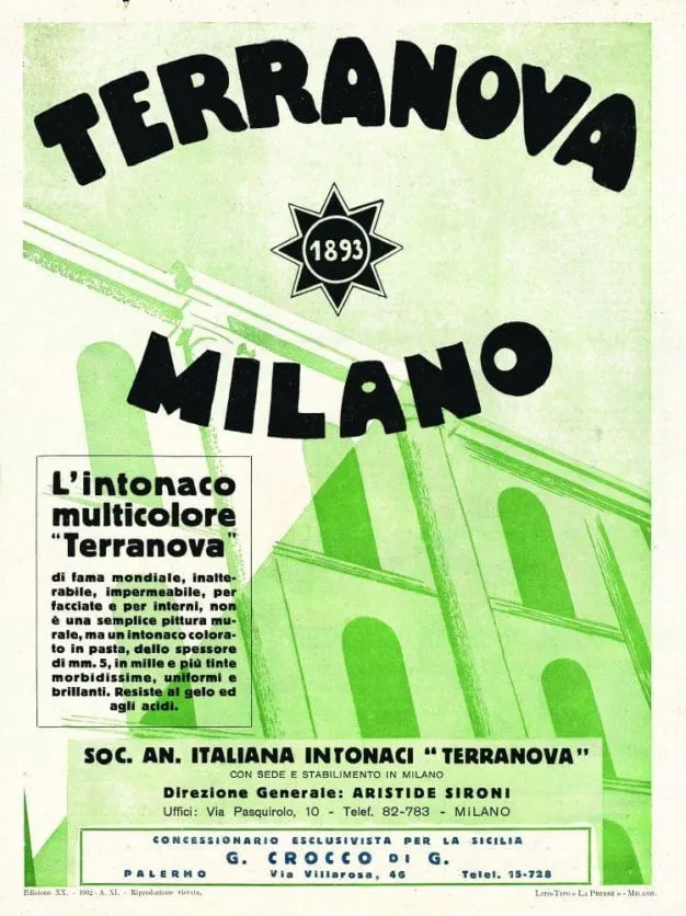 L’intonaco Terranova in un volantino pubblicitario del 1932. Fonte L’Arengario Studio Bibliografico - www.arengario.it